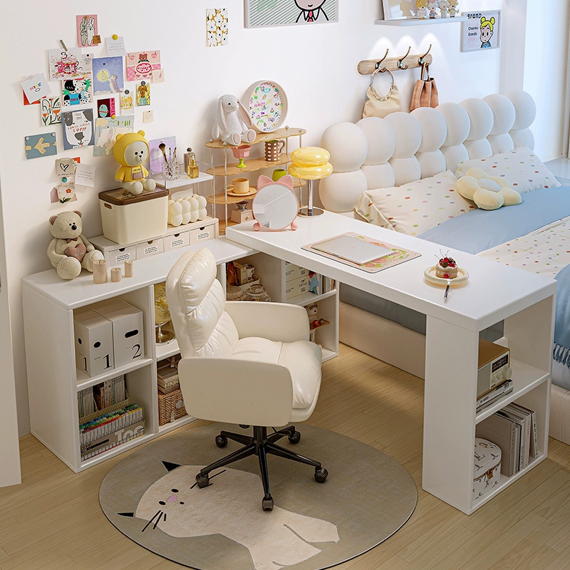 Carefully Selected Cream-Colored Corner Vanity Desk with Integrated Extendable Semi-Enclosed Bedside Cabinet for Bedroom Storage and Computer Desk