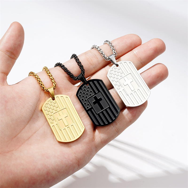 Cross-Border New Product American Flag Cross Necklace Amazon Best-Selling European and American Personalized Military Dog Tag Stainless Steel Men
