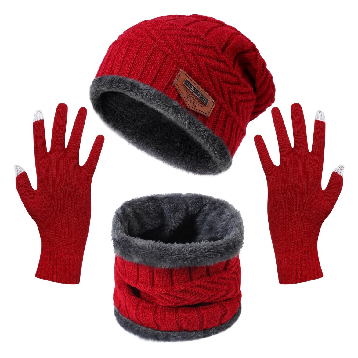 Cross-border factory direct supply winter warm fleece-lined thick hat scarf scarf solid color touch screen gloves three-piece set