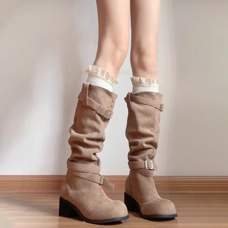 Milky White Lace Calf Socks with Boots Japanese Style Twist Pile Socks for Women Autumn and Winter Versatile Knee-High Mid-Calf Socks
