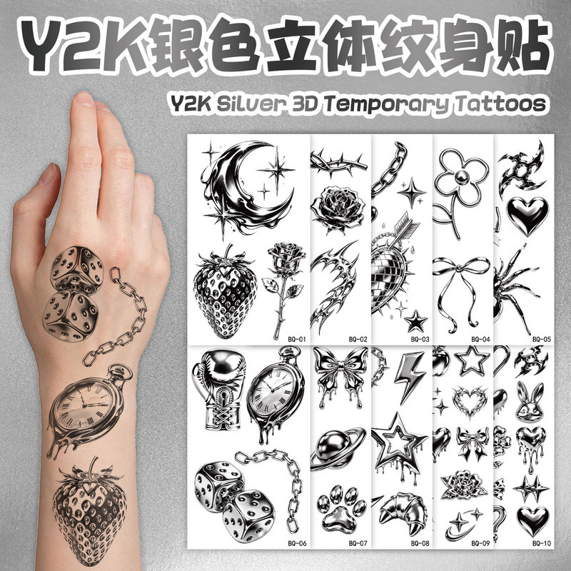 Cross-Border European and American Y2K Silver and Black 3D Tattoo Stickers: Crescent Moon, Dice, Strawberry, Heart, Bow, Punk Style Temporary Tattoos Cross-Border European and American Y2K Silver and Black 3D Tattoo Stickers: Crescent Moon, Dice, Strawberry, Heart, Bow, Punk Style Temporary Tattoos