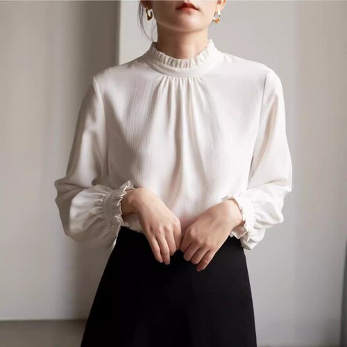 French Elegant Early Autumn Commuter Fungus Edge Folded Long Sleeve Shirt Women White Inner Chiffon Shirt Top