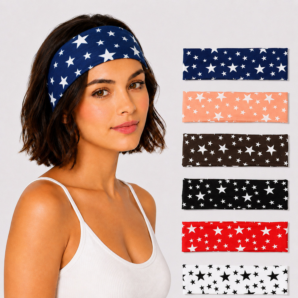 Retro Five-Pointed Star Print High-Elastic Headband, Soft Face-Washing Hairband, European and American Outdoor Running Yoga Fabric Hair Accessory