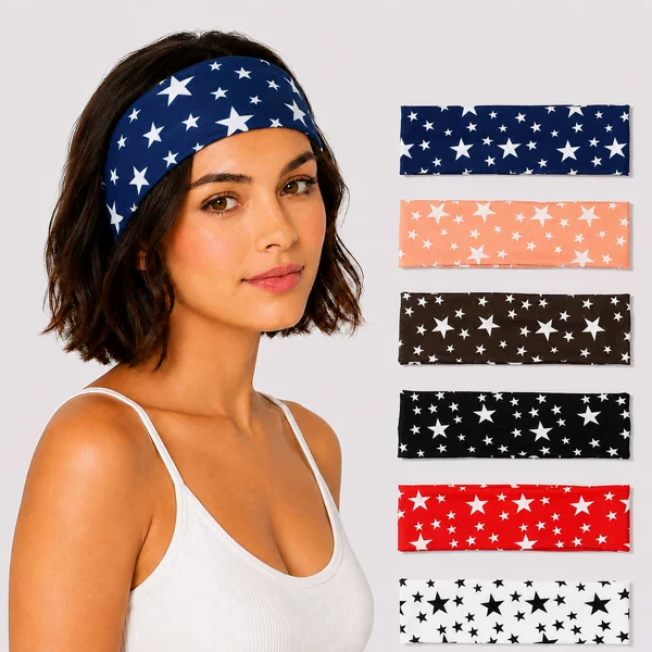 Retro Five-Pointed Star Print High-Elastic Headband, Soft Face-Washing Hairband, European and American Outdoor Running Yoga Fabric Hair Accessory