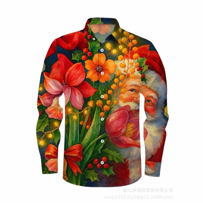 Men's long-sleeve shirt, casual and stylish, with Santa Claus print, 3D design men's collared long-sleeve shirt