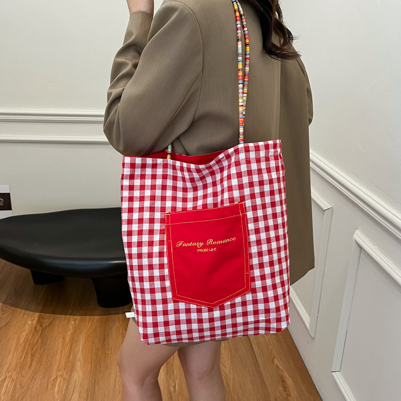 Bolso de lona a cuadros de doble cara estadounidense bolso de desplazamiento femenino bolso especial retro bolso de mano de color de choque de primavera nuevo bolso padre - hijo