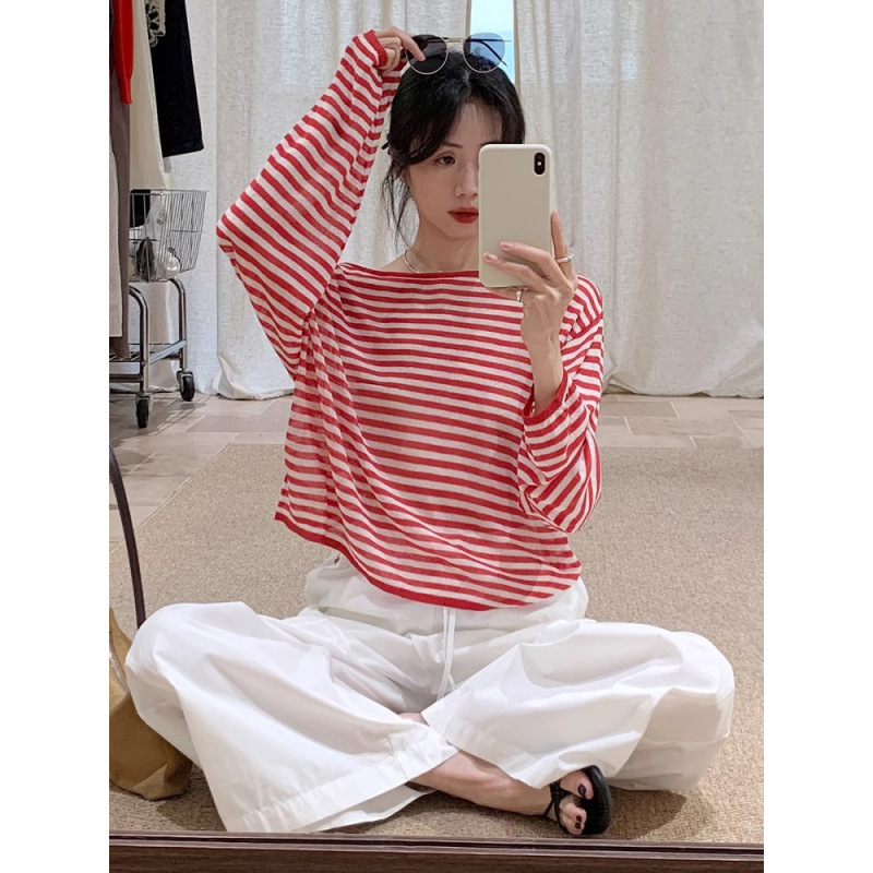 Fashionable Red Ice Silk Striped Knit Long-Sleeve Women's Spring/Summer Off-Shoulder Sun Protection Cover-Up Thin Loose Top