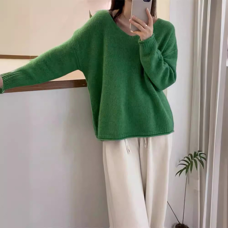 Fashion Stylish Lazy Style V-neck Cashmere Knitted Sweater Women's Autumn and Winter Loose plus size Outer Wear Sweater Base Wool Sweater