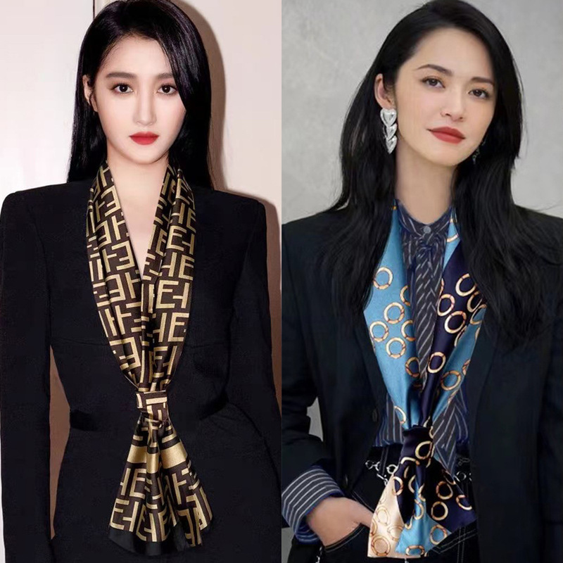 Spring and summer all-match silk double-layer double-sided professional scarf star with narrow silk scarf long silk scarf high-end feeling