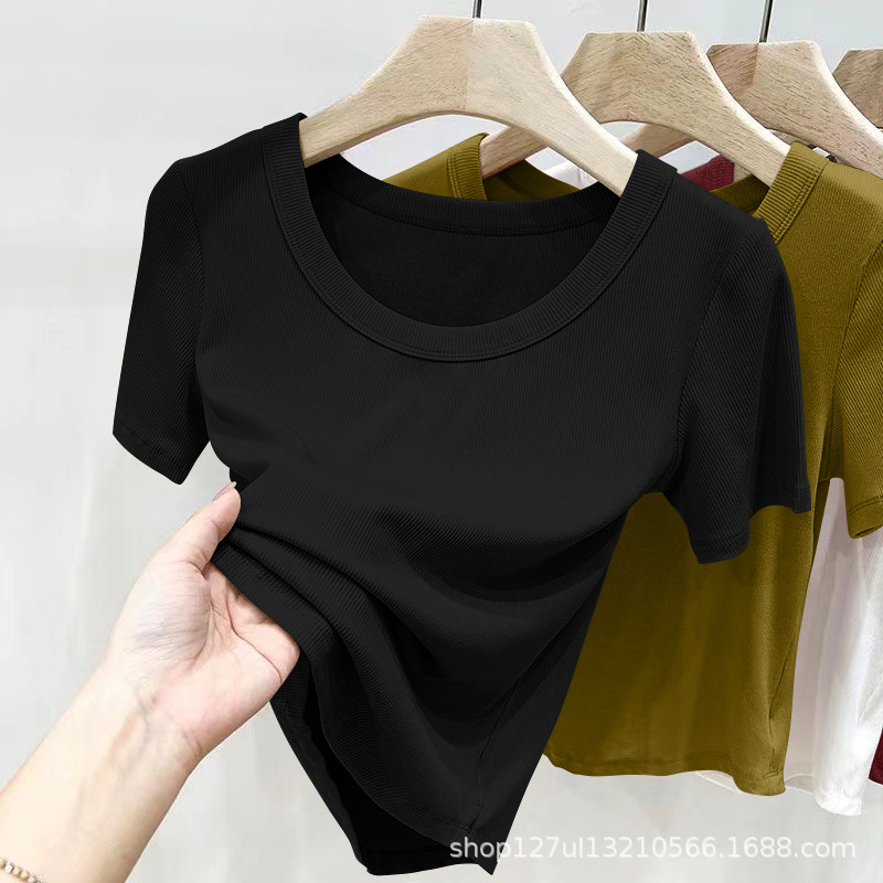 Threaded Short-sleeved Women's T-shirt New Explosions Spring High-end Round Neck Body Design Sense Inner Base Shirt Top