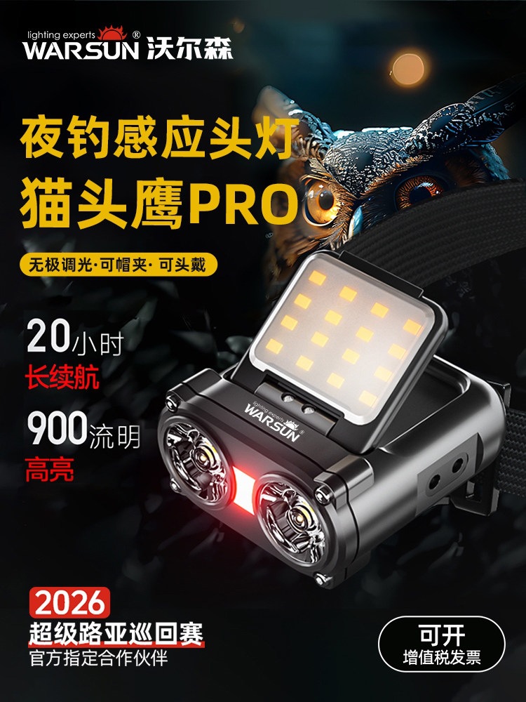 Wolsen Owl Night Fishing Headlamp with Strong Light, Ultra-Bright Fishing Sensor, Rechargeable, Long Battery Life, Head-Wearable with Hat Clip
