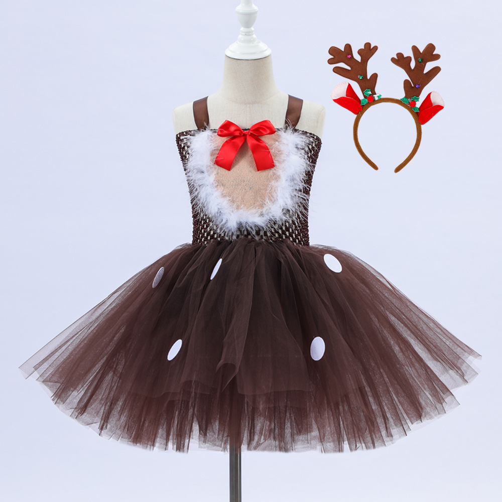 New Girls Christmas Dress Giraffe Elk Tutu Dress Holiday Party Dress Cross-Border Supply