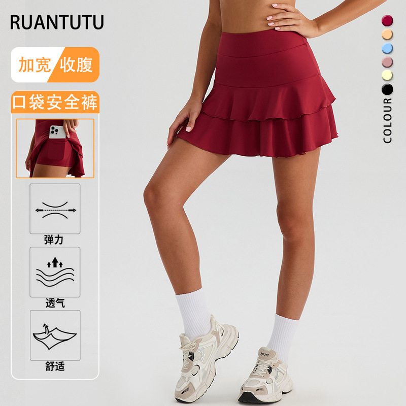 Cross-Border Two-In-One Golf Skirt with Double Ruffles for Women, Quick-Drying, Breathable, Anti-Exposure, with Pockets, Tennis Skirt Pants