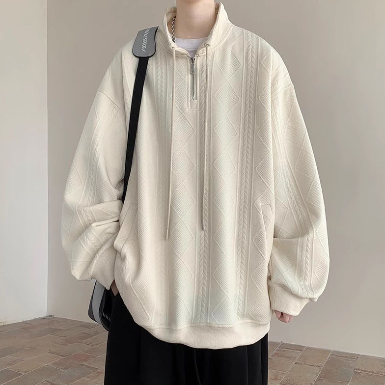 American Retro Zipper Stand Collar Jacquard Sweatshirt Men's Autumn and Winter Velvet Large Size Loose Heavyweight Couple Top Jacket