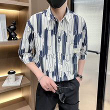 2025新款男士短袖衬衫夏季潮牌宽松七分袖提花衬衣泡泡纱休闲上衣