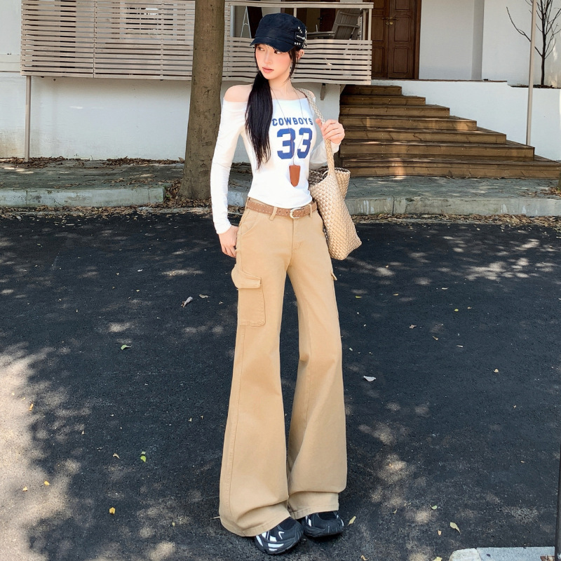 美式复古｜低腰弹力｜微喇工装牛仔裤女牛仔棉长裤图案|undefined