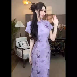 国风紫色蝴蝶印花蕾丝拼接旗袍连衣裙女夏季新款温柔风气质长裙子