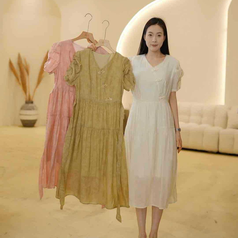 K0410-147V Chinese Style Button Design Tie-Waist Short-Sleeve Dress W K0410-147V Chinese Style Button Design Tie-Waist Short-Sleeve Dress W