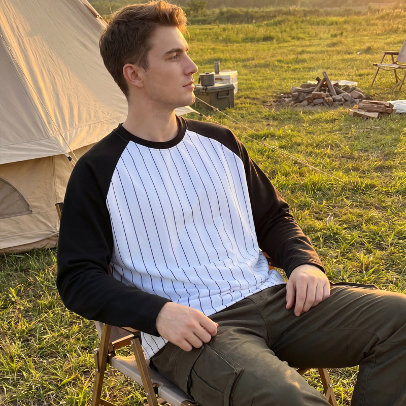 Etai Men's Clothing | Square-Cut Short Raglan Sleeve Baseball Long-Sleeve T-Shirt for Men, Street Fashion Brand, Color-Blocked Striped Casual T-Shirt.