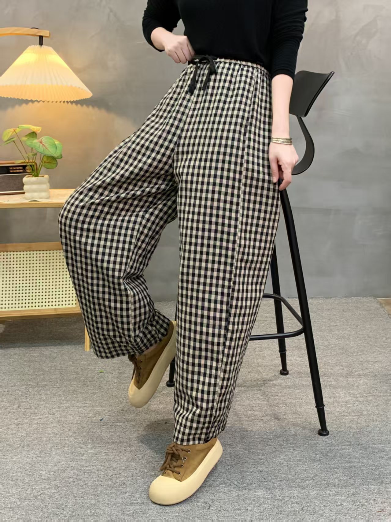2025秋季上新亚麻料格纹文艺九分裤抽绳要宽松插袋文艺女士弯刀裤