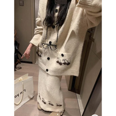 韩版樱桃针织开衫毛衣女外套中长裙冬氛围感套装慵懒两件套