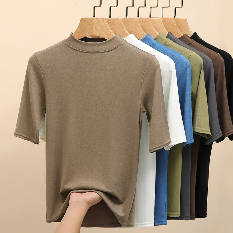 Женская футболка H525 с коротким рукавом и небольшим воротником-стойкой, тонкая новая модель для весны и лета, белая базовая рубашка для многослойных образов, топ с рукавом до локтя.