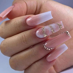Cross-border direct supply diamond-embellished gradient false nail stickers for European and American trendy girls, wearable nail accessories, complete set of detachable nails