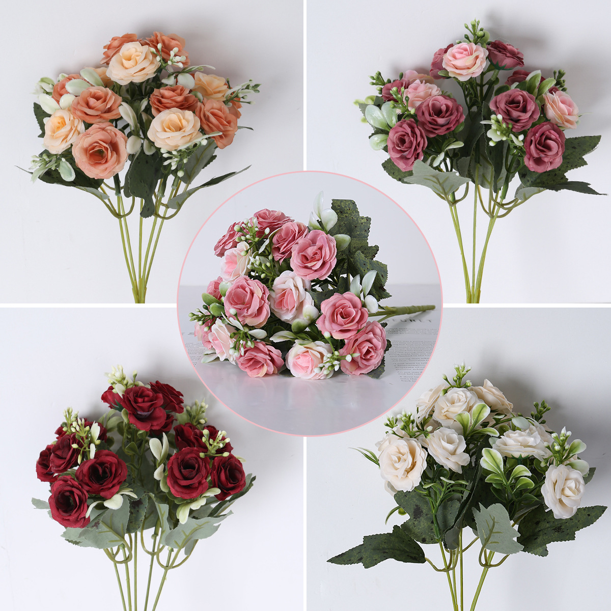 15 flores europeas de flores de rosa pequeña flor de seda para la decoración de la mesa de la sala de estar arco de boda