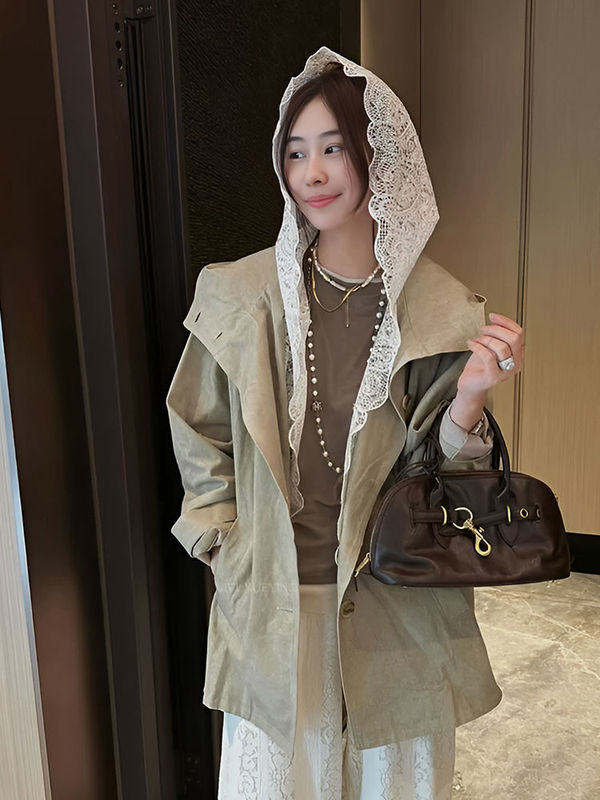 春秋款欧货拼接蕾丝韩版设计百搭宽松风衣大码显瘦遮肉中长款外套|undefined