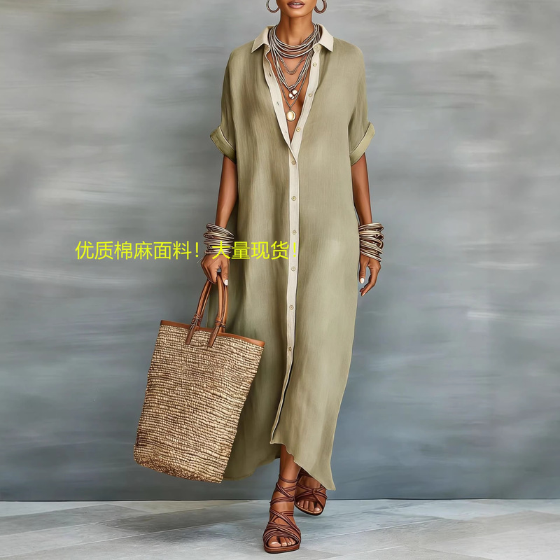 2026 New Amazon European and American Women's Fashion Color-Blocked Loose Cotton and Linen Long Shirt Dress Fashionable Casual Dress for Women 2026 New Amazon European and American Women's Fashion Color-Blocked Loose Cotton and Linen Long Shirt Dress Fashionable Casual Dress for Women