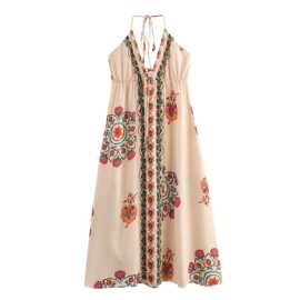 外贸2025欧美夏季新款气质时尚V领挂脖领印花收腰A字连衣裙女8400