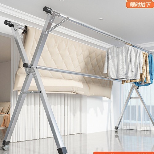 Stainless steel telescopic clothes drying rack floor-standing folding indoor household balcony simple clothes drying rod to dry clothes and quilt artifact