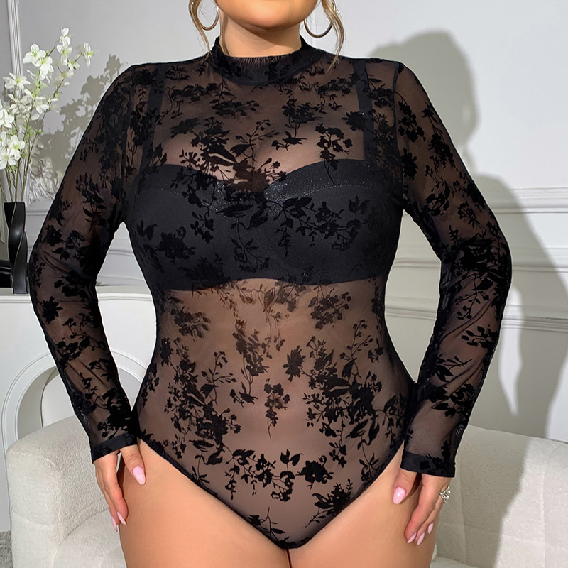 Tamaño grande MM sexy encaje mono estampado flocado de manga larga malla perspectiva temperamento delgado camisa de fondo de chica caliente