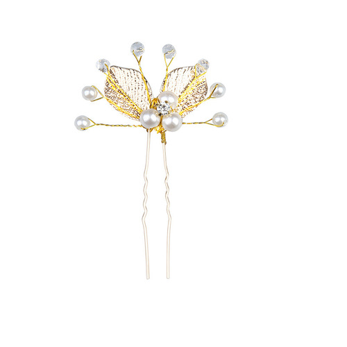 European and American golden leaf hair fork jewelry, wedding clothing, handmade hair accessories, crystal plate hair fork, U-shaped hairpin headpiece