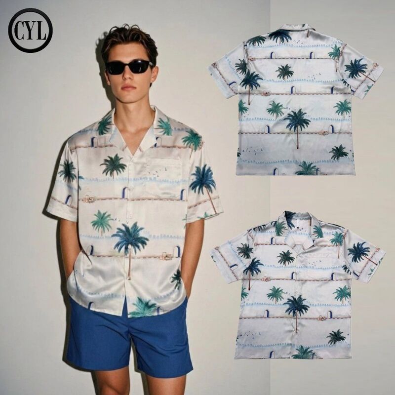 【Cyl】High-End Satin Cuban Collar Shirt for Men, Short-Sleeved, Niche Trendy Brand Hawaiian Shirt for Vacation Wear
