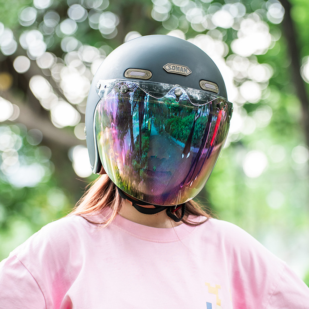 Casco de la motocicleta del coche eléctrico medio casco de tres botones lente a prueba de viento Harley casco retro cara burbuja lente