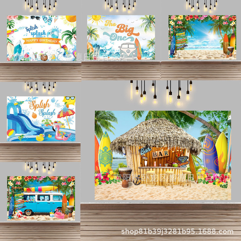 Cross-border Hawaii beach vacation surfing theme background cloth one-year-old boy birthday party photo banner wholesale
