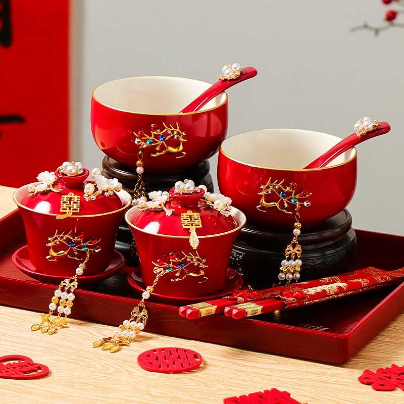 結婚式のお茶カップセット、結婚式のボウルと箸のペア、赤い結婚式の新婚夫婦のティーセット、乾杯、結婚式の贈り物用品|undefined