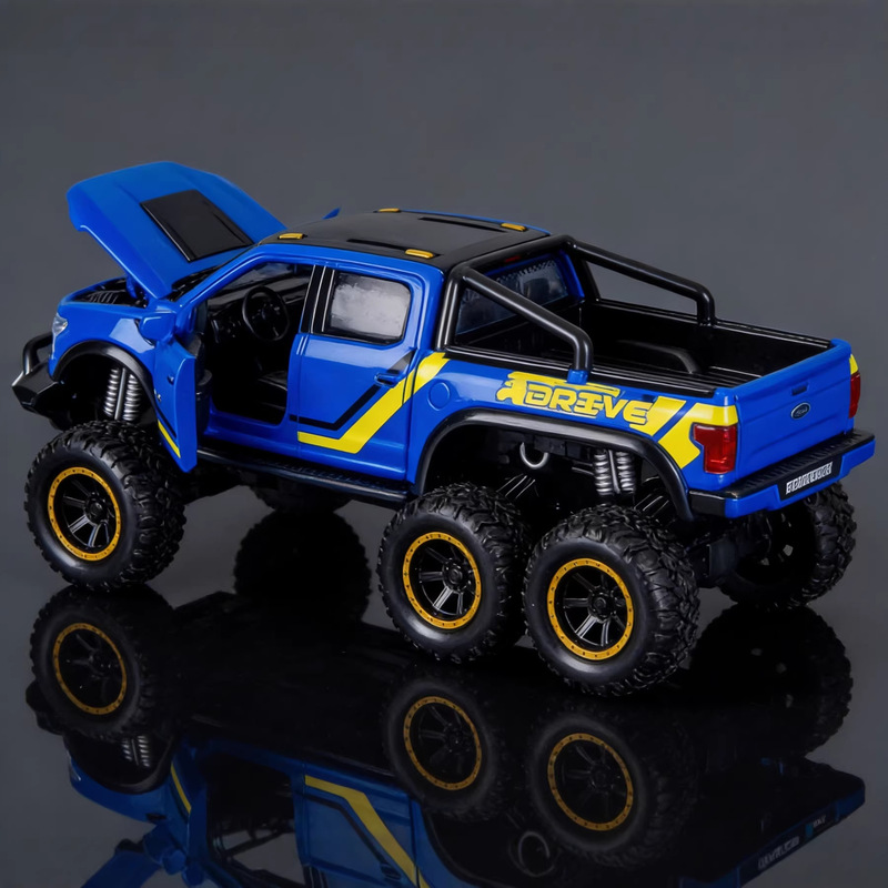 Simulated Large Pickup Truck with Six-Wheel Shock Absorption, Inertial Off-Road Vehicle, Sound and Light Effects, Openable Doors, Toy Car Model for Boys