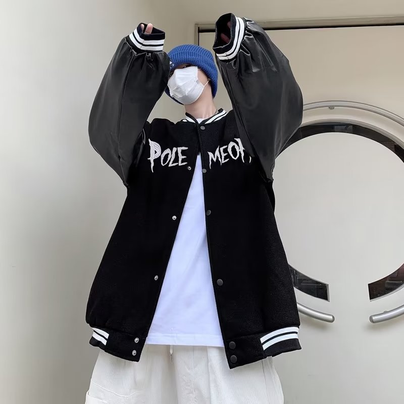 Men's clothing Fashionable retro embroidered baseball jacket ins street couple leather jacket autumn and winter thickened coat_voghion.com