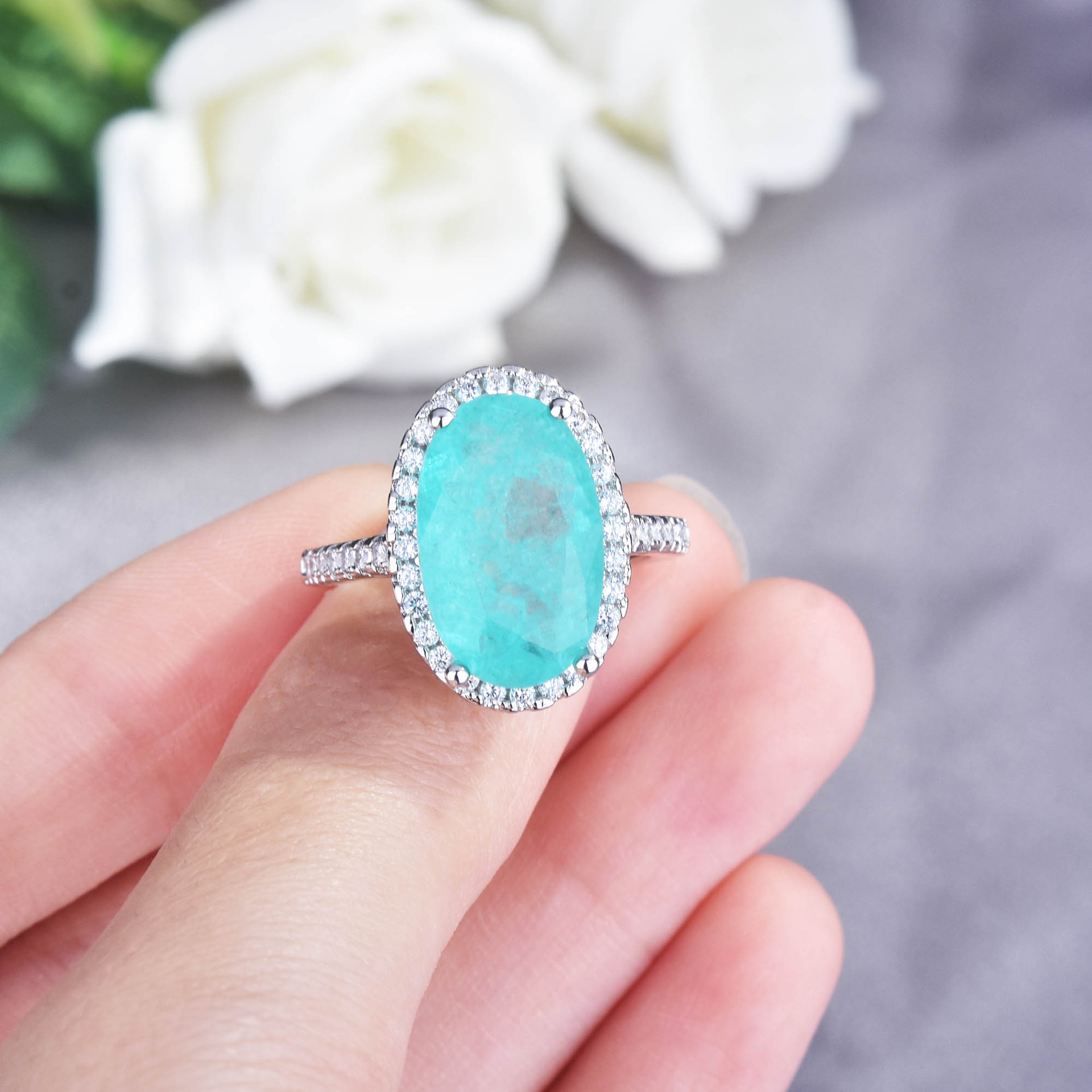 Tik Tok Live Stream Hot Sale Simulation Paraiba Ring Europe And America Cross Border Big Goose Egg Engagement Colored Gems Ring For Women display picture 7