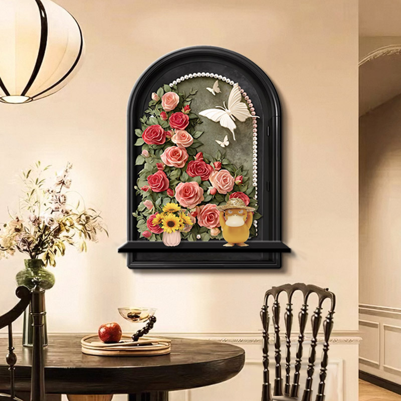 D248中古风餐厅装饰画玫瑰花卉玄关挂画客厅拱形立体置物架捡漏