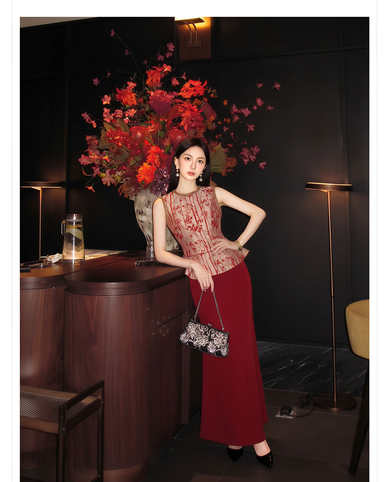 Set áo vest không tay và chân váy midi họa tiết thêu hoa văn cổ điển Trung Hoa — bộ đồ, nửa váy, Trang chủ chi tiết 4