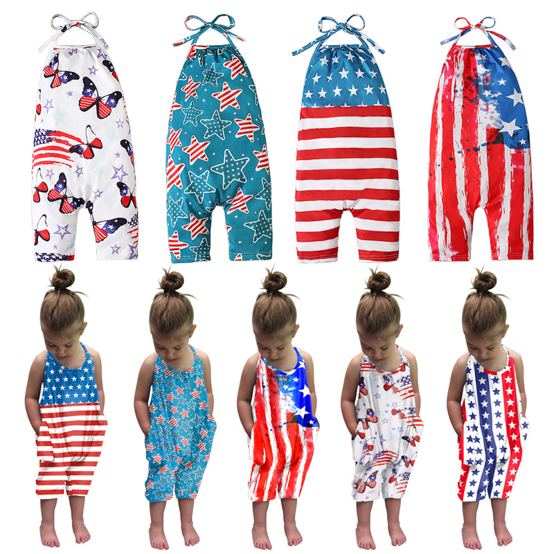 Independence Day Casual Star Stripe Butterfly Printing Backless Cotton Jumpsuits display picture 1