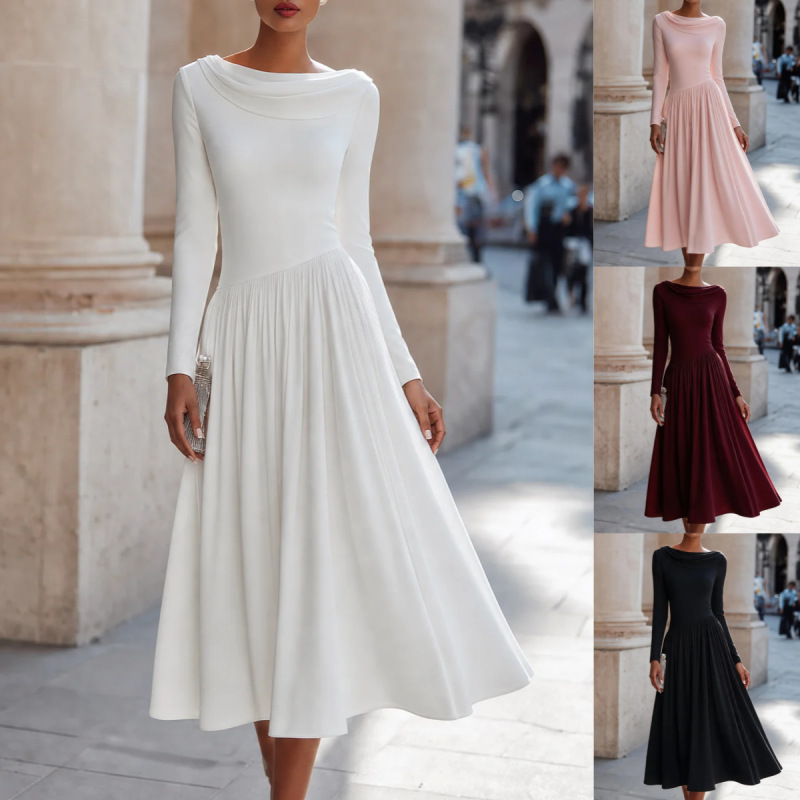 2026 European and American style new arrival: long-sleeved dress with a ruffled collar, featuring a flowing, voluminous skirt and a mid-length design, perfect for women's parties and formal occasions