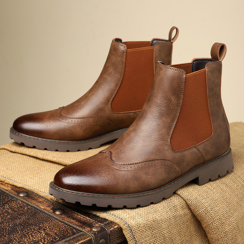 Chelsea boots with Martin design, men's new brogue-embellished business high-top slip-on pointed-toe leather boots in English style