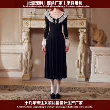 【批量/来样定制】法式田园黑色针织蕾丝边连衣裙秋长袖通勤显瘦