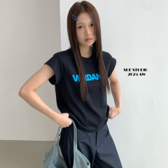 SUE秋季新款美式撞色字母印花短袖T恤韩版休闲小众正肩上衣66925