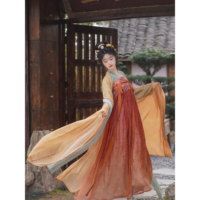 Genuine Original Hanfu Women's Tang Dynasty Improved Embroidered Pair Top Shirt Big Sleeve Shirt Ru Chest Skirt Traditional Antique suit