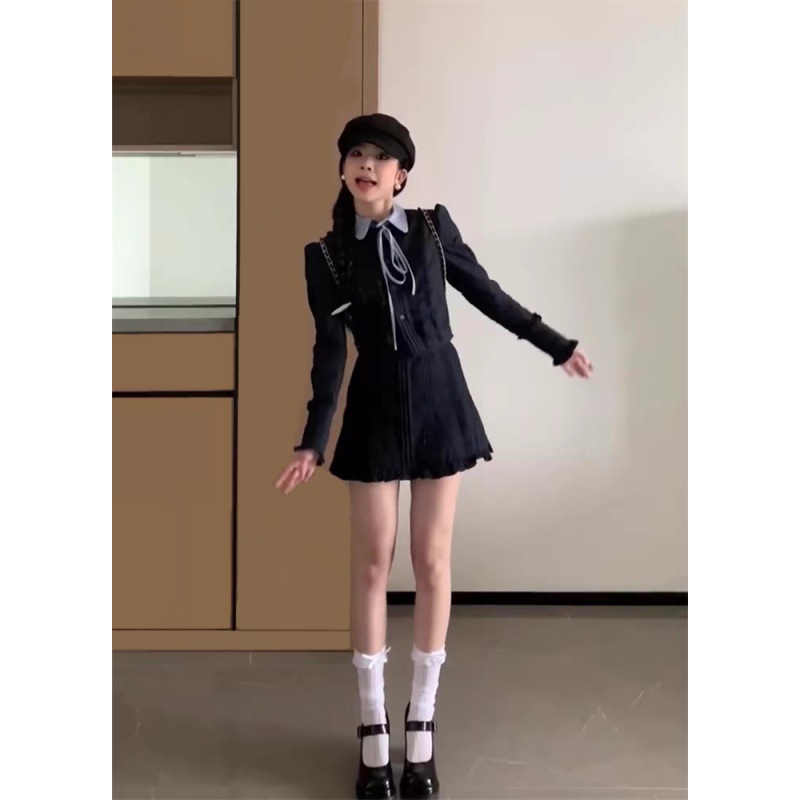 여름 새로운 한국 스타일 절묘한 대학 스타일 어깨 스티칭 탑 짧은 치마 올 매치 투피스 세트